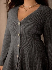 Roveilla 女士V领纯色宽松大码开衫毛衣，中长款针织开衫毛衣，女士毛衣，大码毛衣，灰色女士上衣 - 灰色 - 查看 6