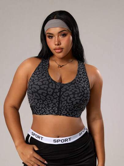 Rhythm Era 1pc Women Plus Size Seamless Sexy Leopard Print High Elasticity Loose Front Zipper Sports Bra With Explosion-Proof Buckle For Running, Fitness, Yoga Leopard Sports Bra