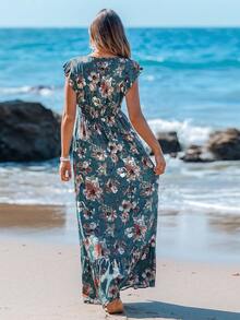 Sylviya Casual Women's Shirred Ruffled Small Cap Sleeves Waist Ruffle Trim Large A-Line Long Dress Positioning Print Casual Holiday Women's Dress Summer Dresses For Women Floral Dress Women Vacation Dress Ruffle Dress Boho Dress Women Tropical Dress