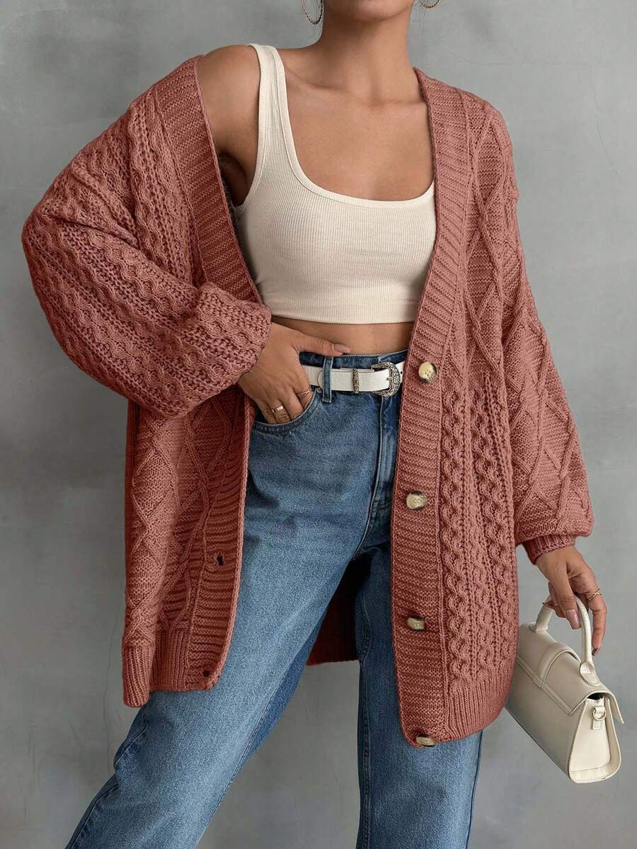 EURMUSE Women Cable Knit Detailed Long Cardigan - Dusty Pink - View 1