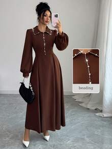 Al Najma 女士棕色长袖针织泡泡珍珠腰A字连衣裙，优雅后腰系带 - 棕色 - 查看 1