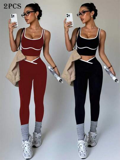Slayform 2PCS Women's Seamless Contrast Color Yoga Activewear Set Workout Legging Two Piece Set Matching Workout Set Two Piece Set Women Workout 2 Pc Workout Set Color Block Workout Set Two Piece Workout Set