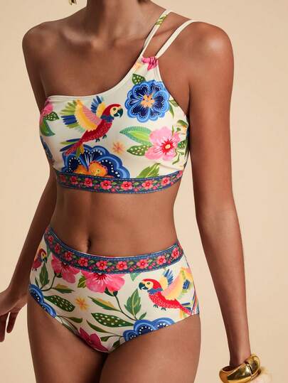 Travachic Women's Floral Print Asymmetric Neckline Bikini Set, Modest 2 Piece Swimsuit, Tropical Two Piece Set, New Year, Thanksgiving, Christmas Outfit, Beach Swimsuit,Bathing Suits For Women Boho, Tropical Two Piece Set, Chic Beach Skirt Set, New Year, Thanksgiving, Christmas Outfit, Beach Swimsuit, Beach,Beach Outfit For Women,Beach Set ,Beach Outfits For Women ,Beach Fashion,Women's Beach Fashion