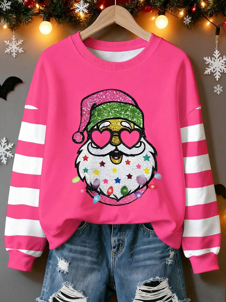 Áo nỉ họa tiết chắp vá nhiều màu hình ông già Noel Giáng sinh dành cho nữ, cổ tròn thoải mái, tay dài, thích hợp mặc ngoài trời - Màu Hồng Tươi - Xem 1