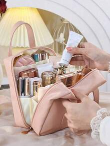 大容量旅行化妆包，带字母大小的化妆品收纳袋，便携式PU皮革防水洗漱包，带隔层和提手，浴室收纳整理，旅行必备，邮轮必备，旅行配件，浴室收纳，珠宝收纳，唇膏收纳，指甲油收纳，复活节礼物，伴娘礼物，母亲节礼物 - 粉色 - 查看 2