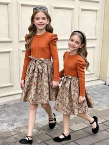 SHEIN Tween Girls 棕色波西米亚针织圆领羊腿袖长袖拼布碎花连衣裙，适合秋冬季，冬季度假连衣裙，美拉德拼色连衣裙，感恩节穿搭 - 棕色 - 查看 7