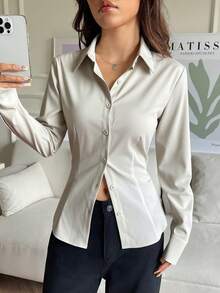 SHEIN EZwear Women's Apricot Front Button Long Sleeve Drawstring Casual Shirt, Elegant Ladies Blouse, Autumn/Winter - Apricot - View 6