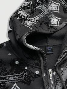 ROMWE MEN Goth 春季休闲男士十字字母印花连帽拉链长袖卫衣，适合冬季穿着，Y2K风格 - 灰色 - 查看 3