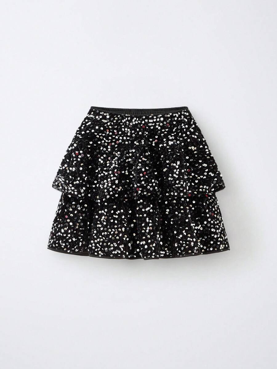 Maija Kids Young Girl Velvet Sequin Double Ruffle Hem Casual Elegant Skirt - Black - View 1