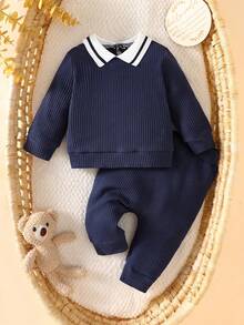 SHEIN 2 件套新生男婴秋季服装，针织领长袖上衣和纯色长裤套装 - 藏蓝色 - 查看 6