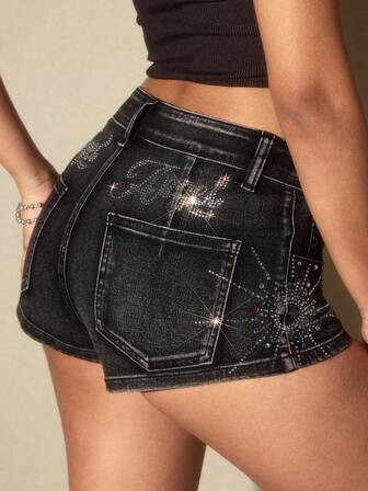 ROMWE Avant Women's Y2K Retro Sexy Rhinestone Decor Super Low Waist Mini Denim Shorts