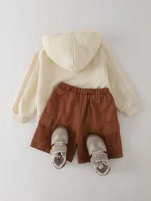 THE HAPPY LOOK Young Boys Bear Print Hoodie Sweatshirt And Elastic Waist Loose Shorts Set, Cute Style, Casual, Suitable For Spring And Winter - Beige - View 2