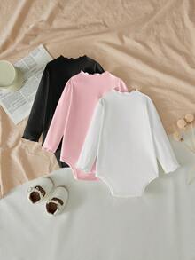 SHEIN LMoss Kids LMoss 3件套新生女婴舒适针织纯色荷叶边连体衣套装，秋季 - 彩色 - 查看 2