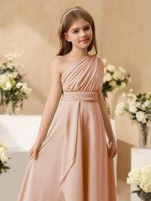 SHEIN Tween Girls Elegant Wedding Flower Girl Dress, Chiffon Ruffled Shawl, Fashion Party Tulle Puff Princess Dress, Suitable For Girls Of All Seasons Fall Winter