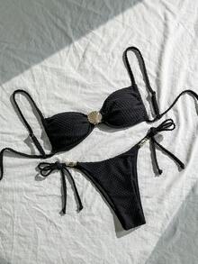 Swim Chiccia Trang phục đi biển mùa hè cho nữ, Bộ bikini dây mảnh gợi cảm bằng vải jacquard màu trơn có họa tiết vỏ sò bằng kim loại - màu đen - Xem 1