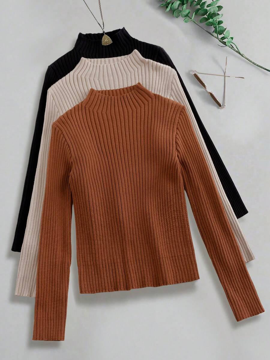 SHEIN Clasi 大码女式三件套高领修身罗纹针织毛衣上衣 - 彩色 - 查看 1
