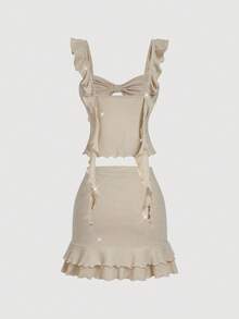 SHEIN MOD Women's Elegant Glitter Ruffle Hem Camisole & Mini Skirt 2 Pieces Set, Summer, , Dress, , Clothes, New Year Clothes, Party 2 Pieces Set, Wedding Guest Party Dress, Beach Outfits For Women, Chic Evening 2 Pieces Set, Sparkle Outfit, Sequin, Shiny Set, Going Out Outfit, Elegant Women's Set, Beach Fashion, Wedding Party Dress - Apricot - View 2