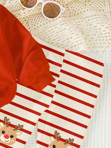 SHEIN Playful Pals 1 套女婴休闲秋季服装，圣诞节可爱驯鹿和雪花印花长袖圆领运动衫和紧身裤套装，适合秋冬外出和圣诞派对 - 彩色 - 查看 6