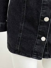 Elamini 女式休闲单排扣腰带设计长袖牛仔连衣裙，秋季 - 深灰色 - 查看 5