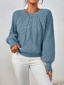 EMERY ROSE Women's Solid Color Minimalist Crew Neck Long Sleeve Pullover Sweater, Everyday Wear - Dusty Blue - View 3