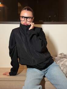 Abrilcols Áo vest đệm ngắn thường ngày có khóa kéo màu trơn dành cho nữ, mùa đông - màu đen - Xem 4