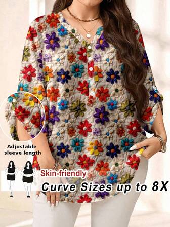 SHEIN CURVE+ Plusstorlek Dam Casual Polkprickig Tryckt Skårad Halsringning Upprullad Ärm