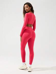 Menodora SHEIN Sport Conjunto Esportivo Feminino de Top Cropped de Manga Longa com Nó na Frente e Legging em Cor Sólida - Vermelho - Visão 2