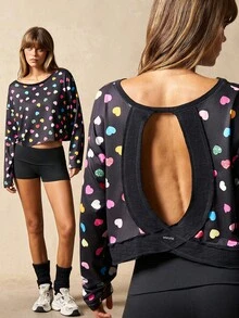 VARSIVA 女式心形印花镂空长袖宽松运动T恤背心 - 彩色 - 查看 1