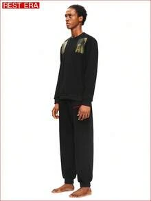 SHEIN Rest Era Survêtement casual pour hommes, Top col rond avec décoration graphique vintage et pantalon, style élégant et décontracté, convient pour le port quotidien, vêtements d'hiver - Noir - Voir 3