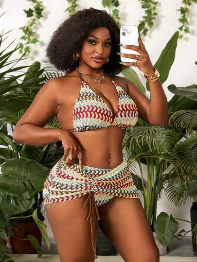 Slaydiva Plus Size Women Beach Vacation Halter Tie Top, Side Tie Triangle Bottoms, Drawstring Skirt 3 PiecesSwimsuit Set