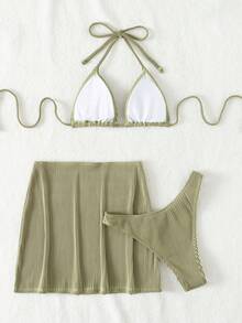 Bonvoyette 3pcs Set: Solid Color Halter Tie Bikini Swimsuit With Matching Skirt - Olive Green - View 2