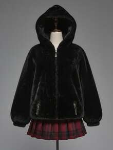 ROMWE 女士秋冬时尚暗黑朋克风格拉链连帽仿皮草夹克 - 黑色 - 查看 9