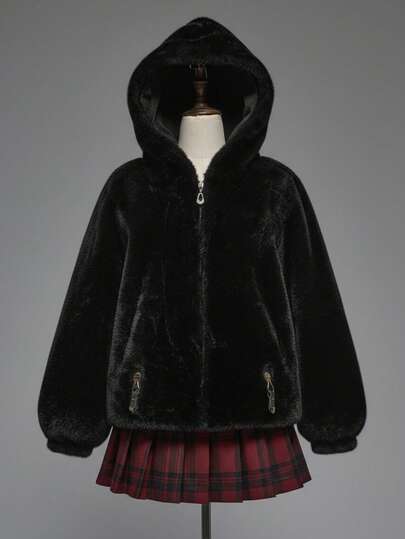 Veste à capuche zippée en fausse fourrure de style punk sombre pour femmes, mode automne/hiver
