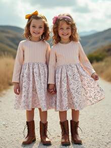 SHEIN Vintaside Kids Girls Elegant Sweet Cute Ditsy Floral Round Neck Ribbed Long Sleeve Casual Dress, Suitable For Christmas, Halloween, Holiday Party, Vacation, Daily Wear, Spring/Autumn/Winter - Apricot - View 1