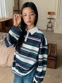 Dazy Kids Tween Girl Fall Clothes Contrast Color Striped Collar Long Sleeve T-Shirt For Girls, Plus Size