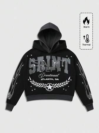 Street Life Sudadera con capucha holgada de doble capa con estampado de letras para hombre, otoño e invierno