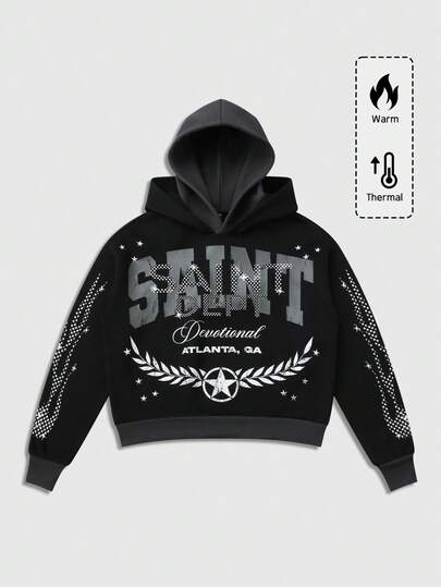 Street Life Men's Double Layer Letter Print Loose Fit Casual Hoodie Sweatshirt , Fall Winter