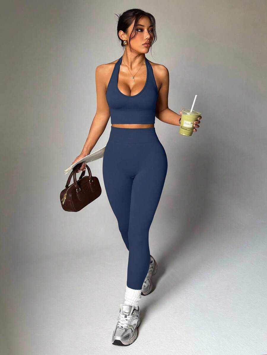 Dewbera Women's Solid Color Halter Sleeveless Cropped Fitted Casual Fitness Sportswear Set Ribbed Workout Set Navy Workout Set 2 Piece Sets Woman Active - Dusty Blue - View 1