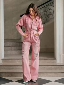 Anewsta New Fashionable Women's Heavily Embellished Rhinestone Denim Shirt, Suitable For Valentine's Day Party, Pink - Pink - View 4