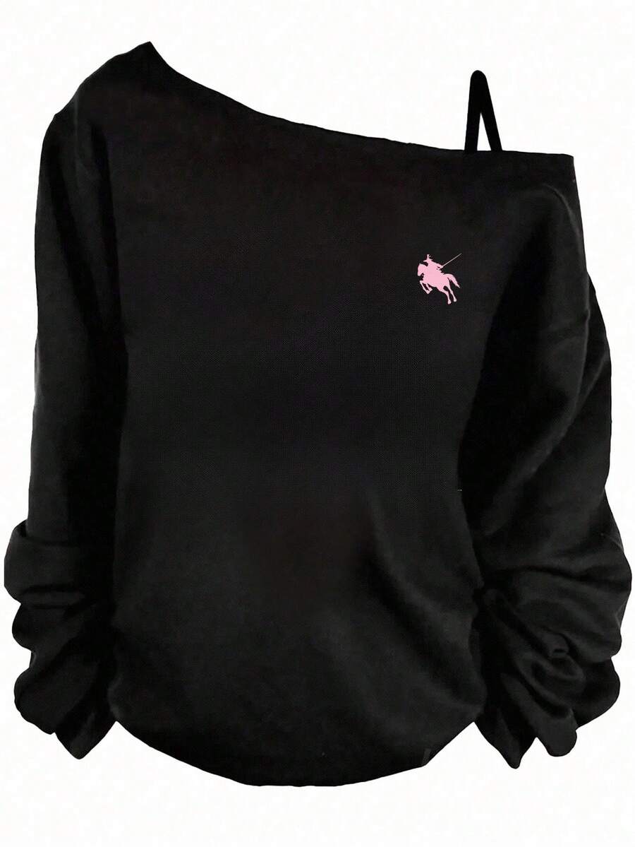 SHEIN Essnce Casual Equestrian & Fencing Graphic Sleeveless Shoulder Strap Long Sleeve T-Shirt For Women, Suitable For Spring/Summer - Black - View 1