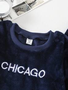 Genkimix Kids 2 Pieces Sets Simple Navy Blue Long-Sleeved Shirt And Trousers With Letter Embroidery For Boys, Plush Pajama Set, Winter Pajamas, Loungewear For Tween Boys .Boys Outfit Sets - Multicolor - View 7