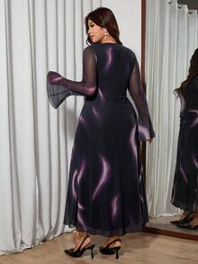 Modelyn Plus Size Knit Mesh Print Black Long Sleeve Ruched Elegant Fitted Dress - Black - View 2