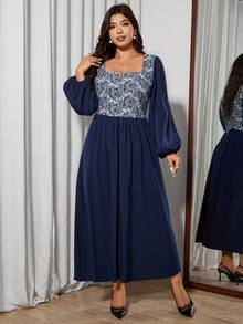 Modelyn Robe élégante à manches longues en jacquard tissé, patchwork, taille froncée, coupe évasée, grande taille - Bleu azur - Voir 5