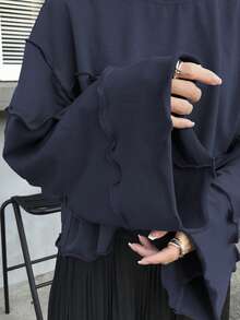 FRIFUL Women's Loose Cropped Sweatshirt With Ruffle Hem, Grey, Spring - Navy Blue - View 6