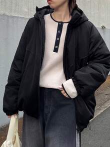 FRIFUL 女式纯色宽松休闲连帽棉服 - 黑色 - 查看 7