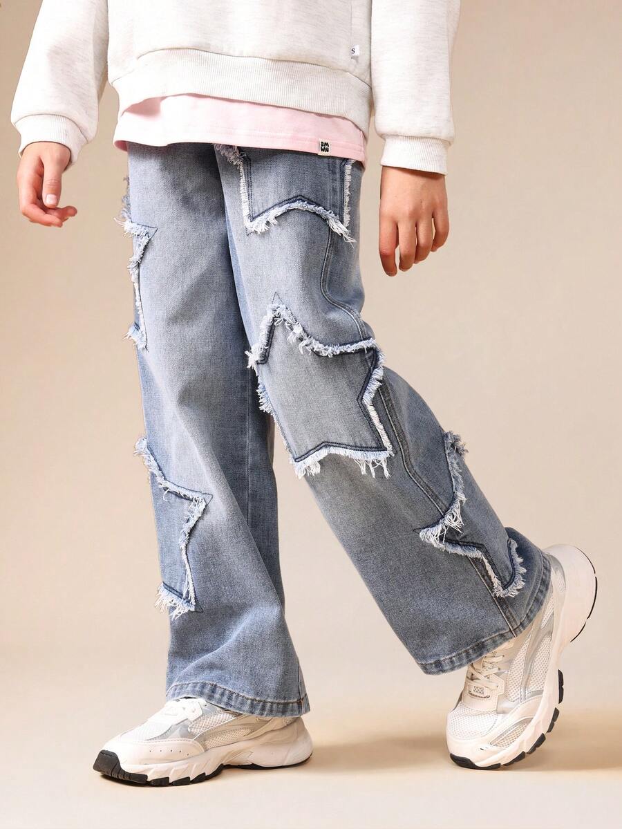 SUMWON Distressed Ripped Denim Jeans With Star Patches Wide Leg Casual Streetwear Style - Light Wash - View 1