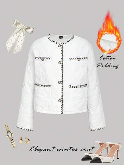 SHEIN MOD Chaqueta casual de invierno para mujer con diseño de cinta, cuello redondo, manga larga y abotonadura sencilla, ropa de Navidad, chaqueta acolchada, chaqueta blanca para mujer, chaqueta corta, chaquetas para mujer, chaqueta para vestido, ropa de invierno para mujer, atuendo de Año Nuevo, chaqueta elegante, estilo de dinero antiguo