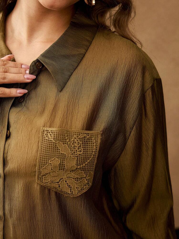 PLUS SIZE SOLID CONTRAST LACE POCKET LONG SLEEVE SHIRT