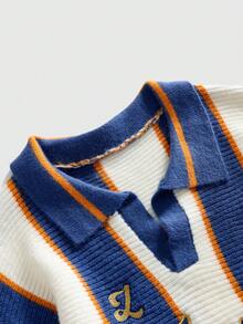 ROMWE MEN Prep 男士复古领足球风格针织毛衣，街头风格 - 藏蓝色 - 查看 4