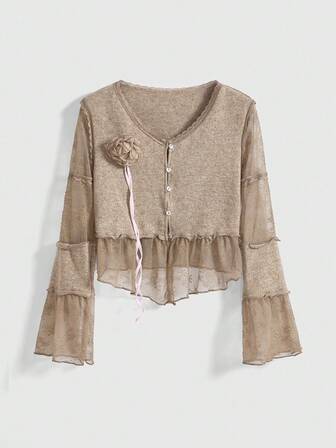 Kawaii Blusa de punto con cuello en V, manga larga, encaje y parches florales, estilo vintage Y2K para mujer